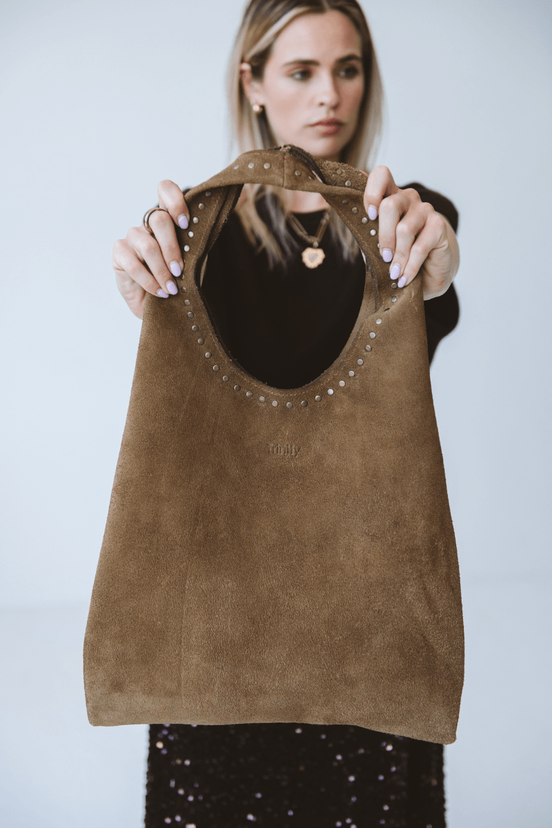Casey Suede Bag Tan with Studs