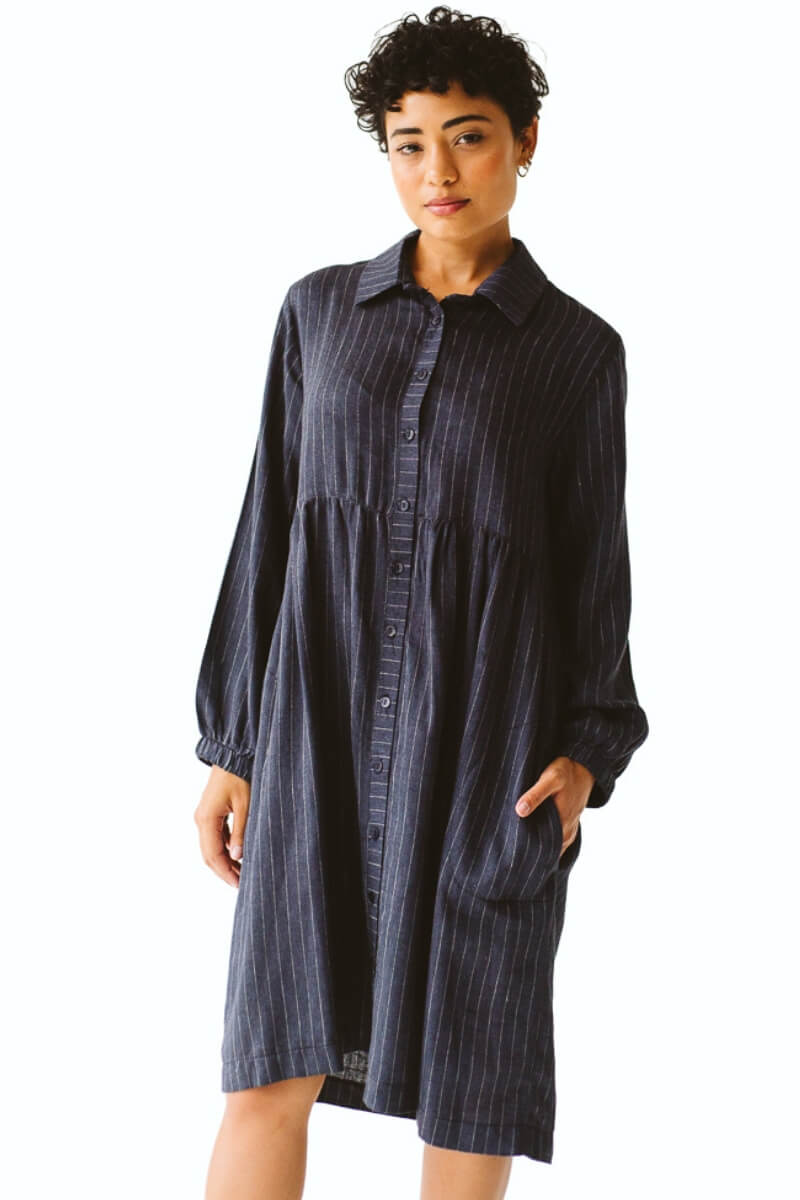 Poppy Navy Linen Stripe Dress