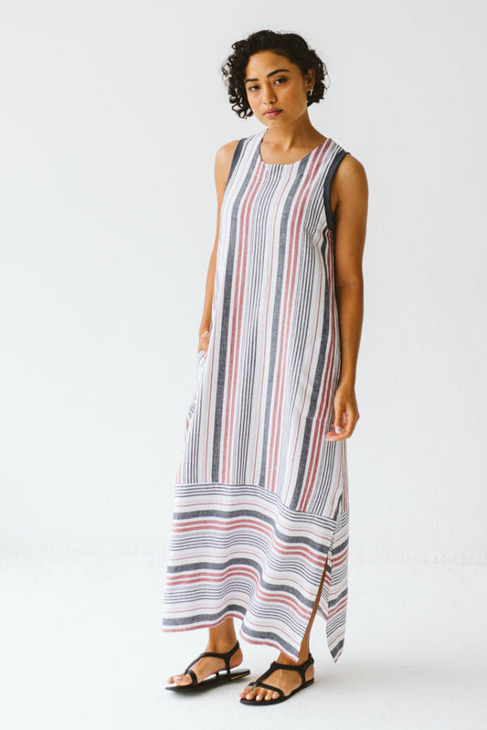Janne Cotton Linen Stripe Dress Red and Navy