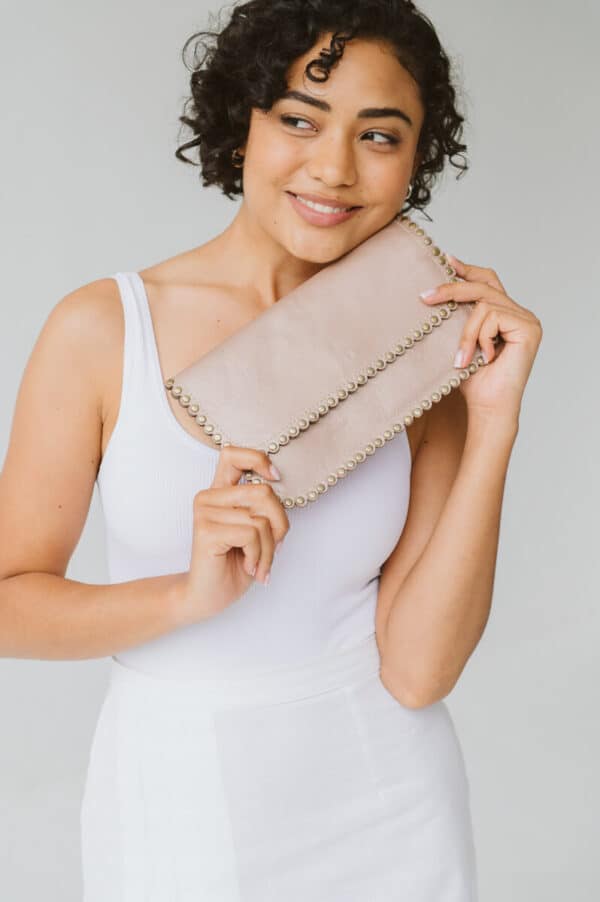 Zoe Rose Gold Metallic Leather Bag with Studs