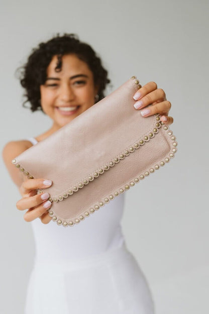 Zoe Rose Gold Metallic Leather Bag with Studs