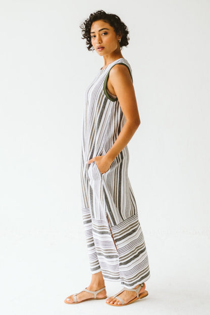 Janne Cotton Linen Stripe Dress Khaki