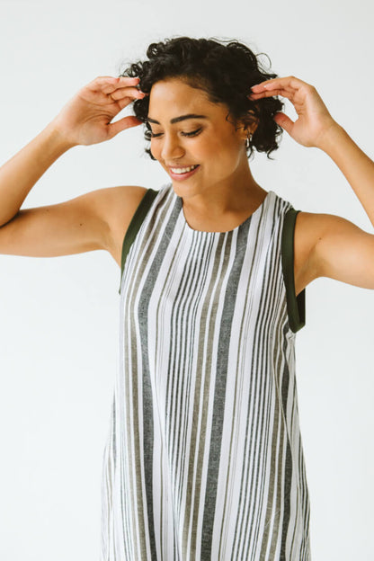 Janne Cotton Linen Stripe Dress Khaki