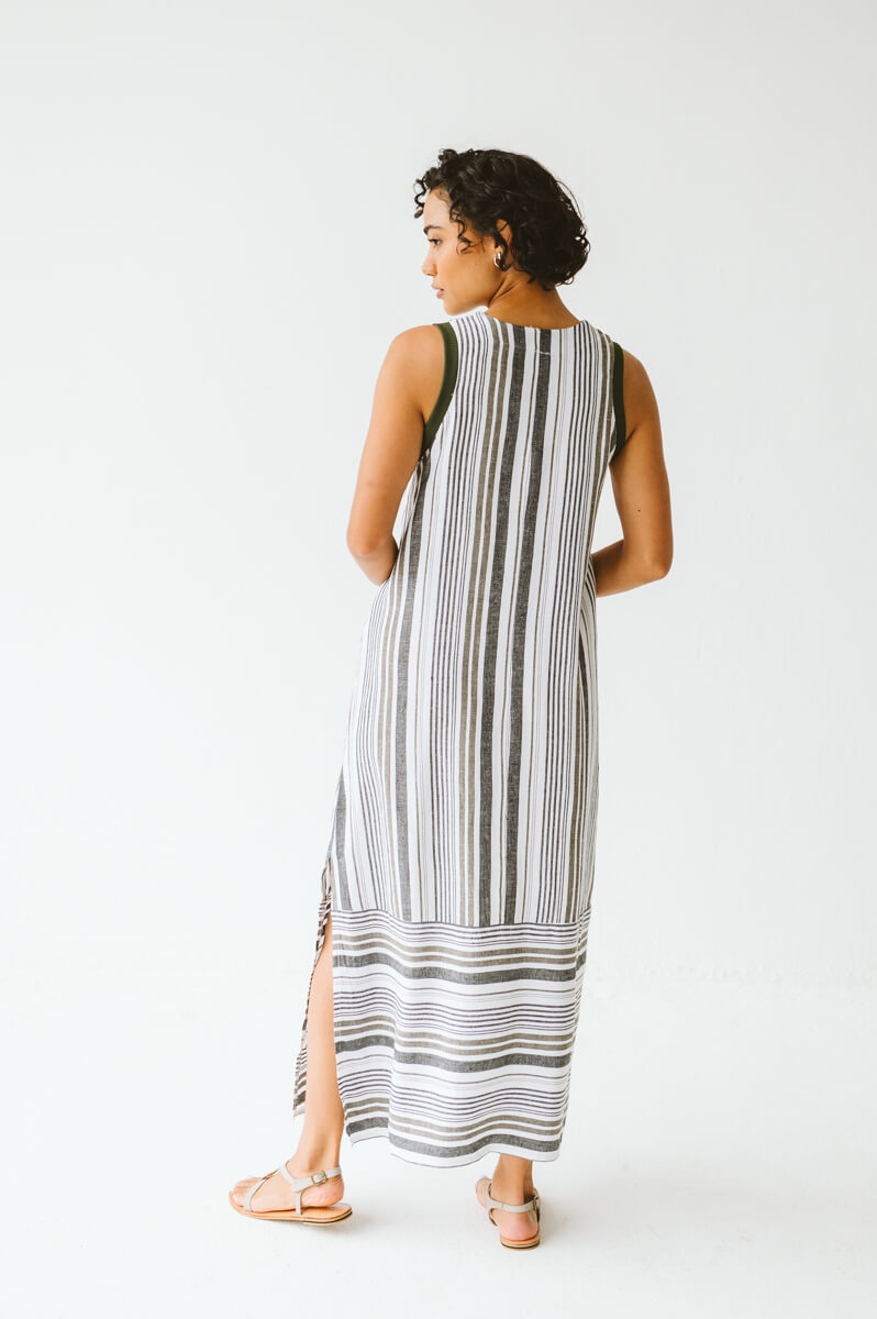 Janne Cotton Linen Stripe Dress Khaki
