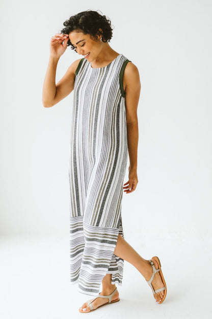 Janne Cotton Linen Stripe Dress Khaki