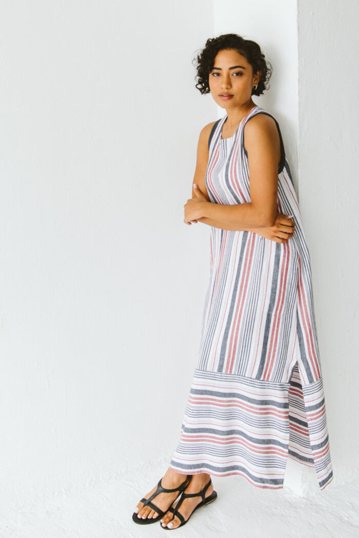 Janne Cotton Linen Stripe Dress Red and Navy
