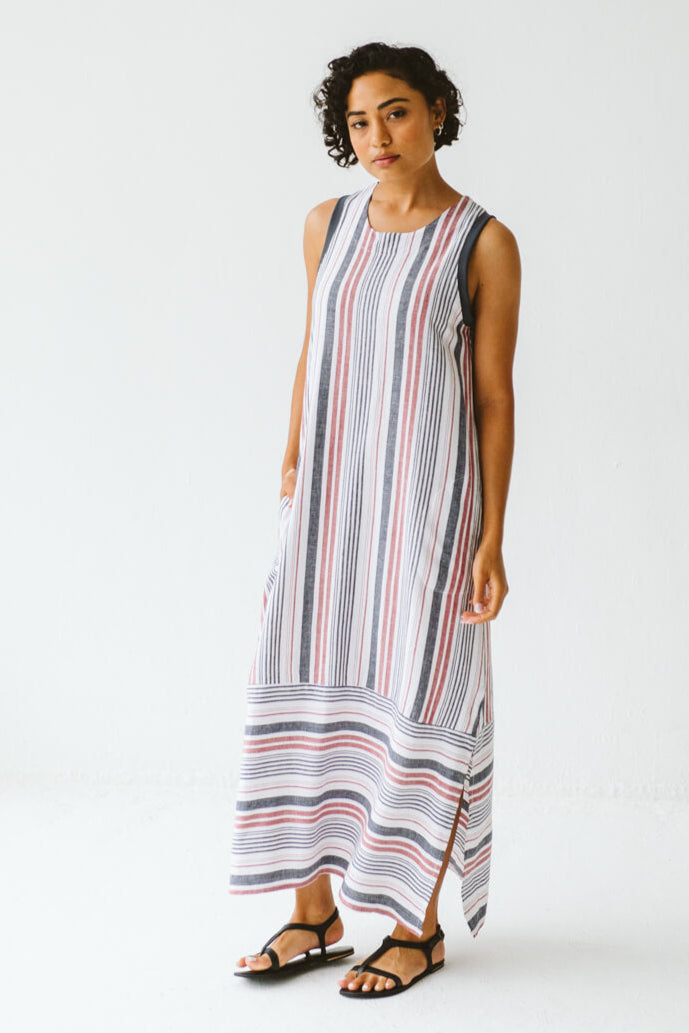 Janne Cotton Linen Stripe Dress Red and Navy