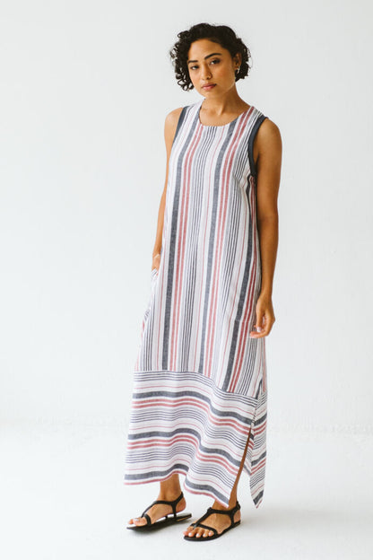 Janne Cotton Linen Stripe Dress Red and Navy