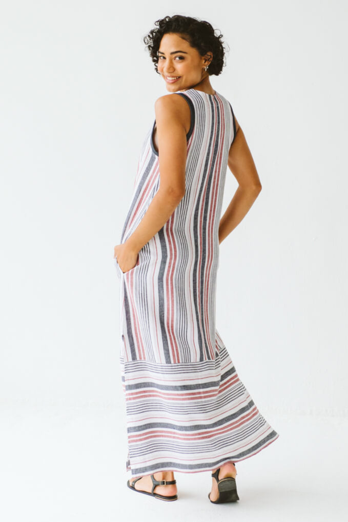 Janne Cotton Linen Stripe Dress Red and Navy