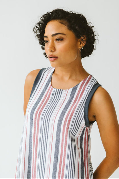 Janne Cotton Linen Stripe Dress Red and Navy