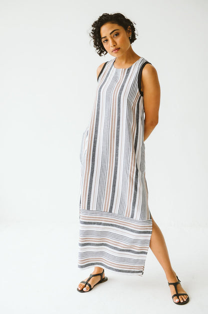 Janne Cotton Linen Stripe Dress Taupe
