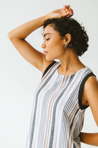 Janne Cotton Linen Stripe Dress Taupe