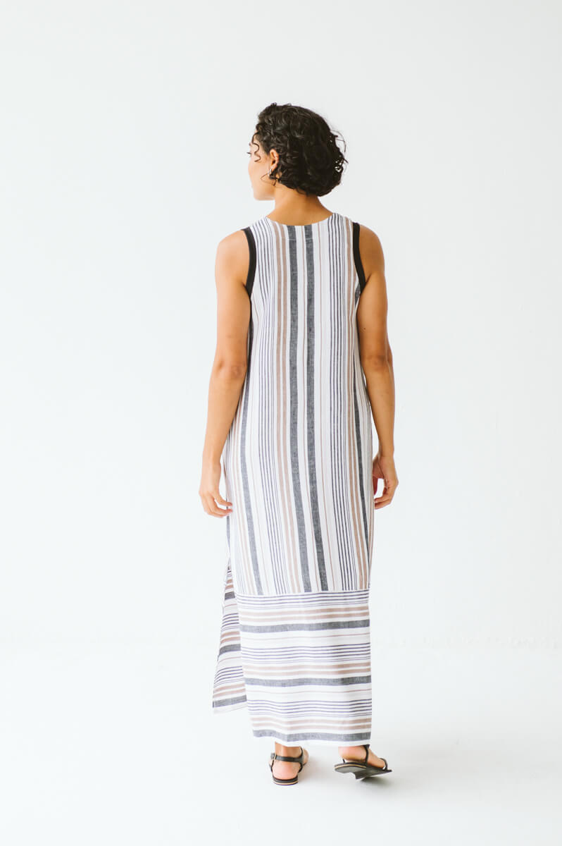 Janne Cotton Linen Stripe Dress Taupe