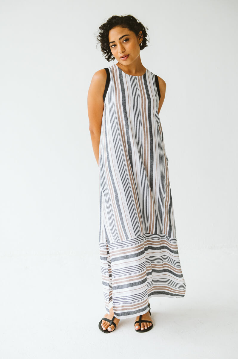 Janne Cotton Linen Stripe Dress Taupe